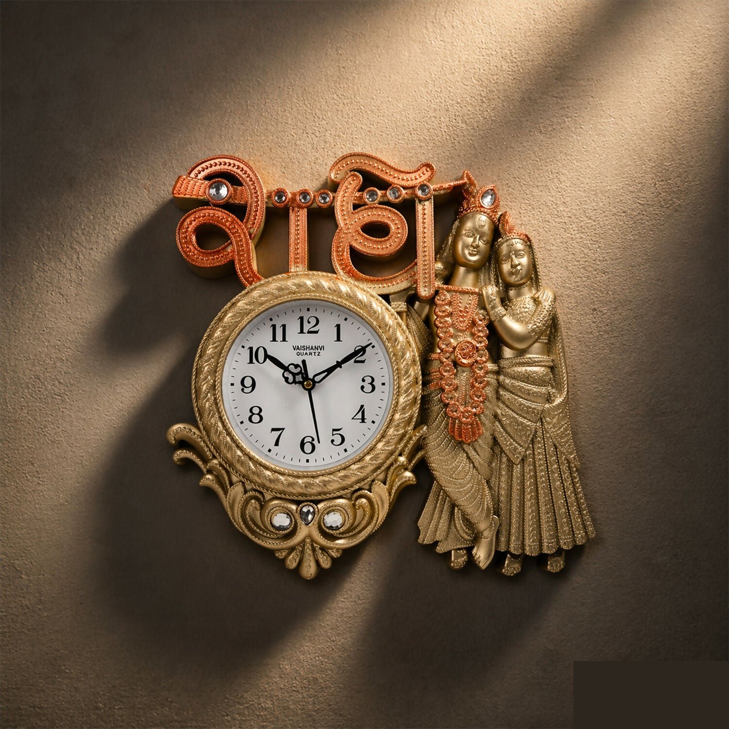 Radha Krishna Wall Clock – Elegant Antique Finish Decor - Detailed Feature View 3