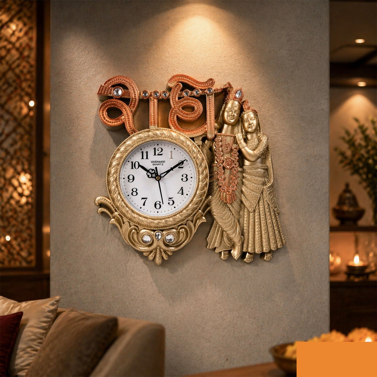 Radha Krishna Wall Clock – Elegant Antique Finish Decor - Detailed Feature View 4