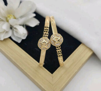 Radiant Golden-Plated Starburst Motif Kadli Bangles Set with Heart Accents and Sparkling CZ Stones (Imitaion Jewellery)