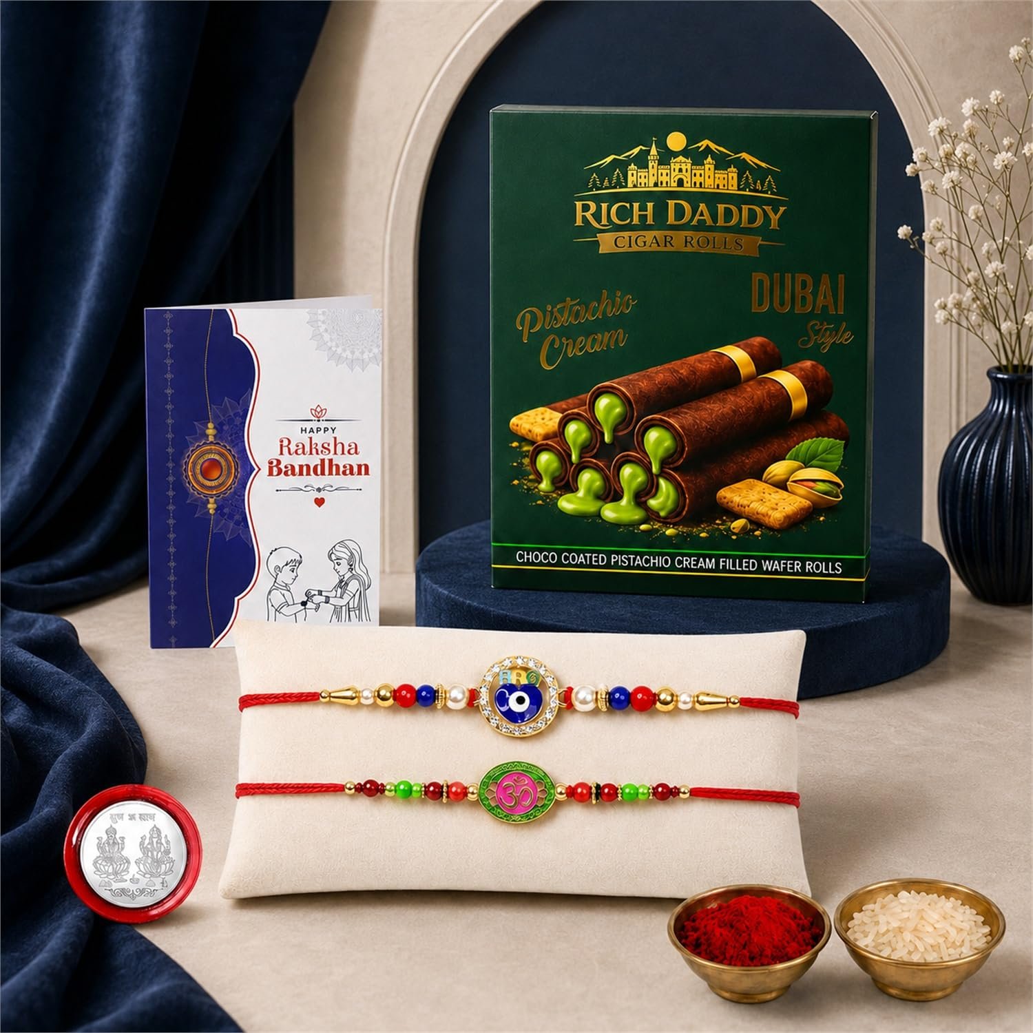 Premium Rakhi Gift Combo – Evil Eye Om Multicolor with Sweets (Pack of 6) - Buy Online at Alikart