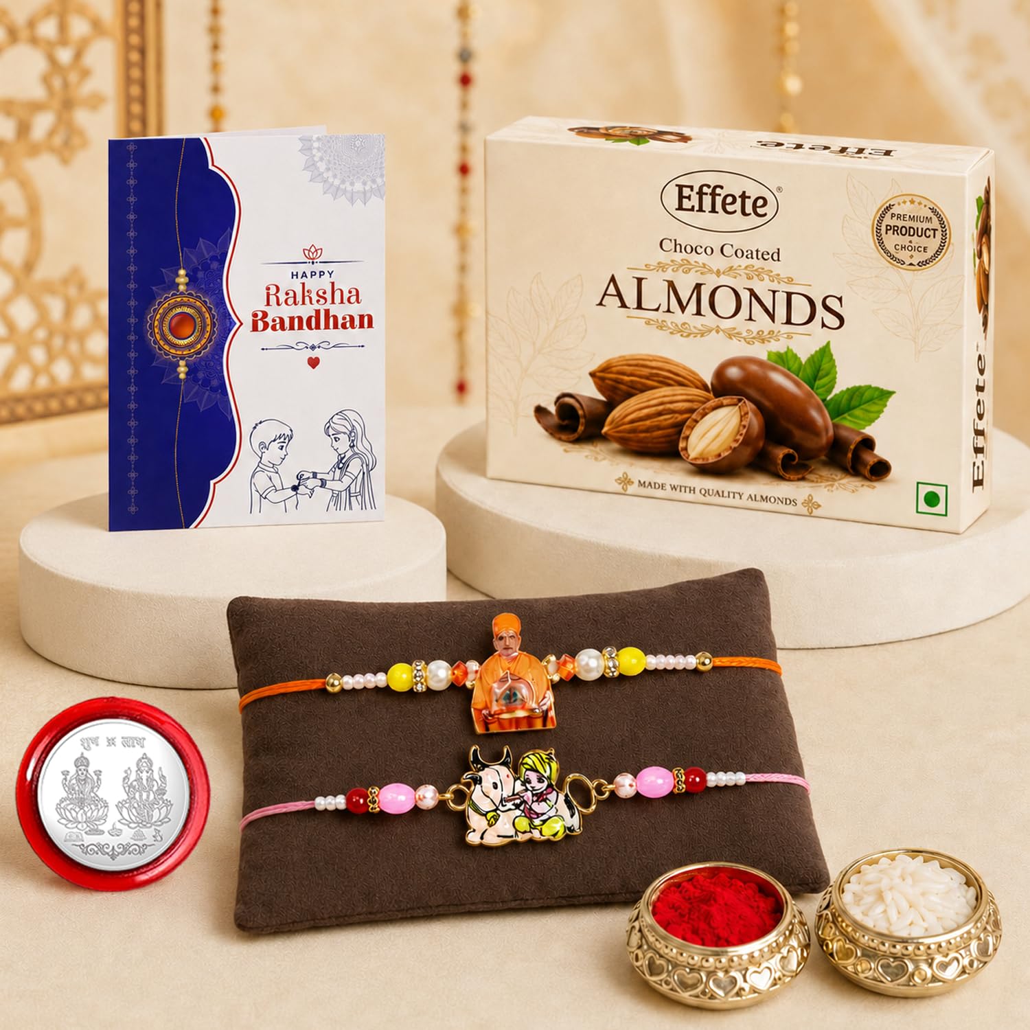 Premium Raksha Bandhan Gift Combo – Pramukh Swami Maharaj Rakhi & Choco Almonds - Buy Online at Alikart