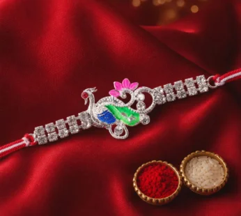 Classic Rakhi with Peacock Swirl Charm, crystal sparkle and thread look for Gifting