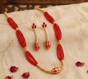 Red Beaded Necklace with Matching Drop Earrings Jewellery Set for Women & Girls