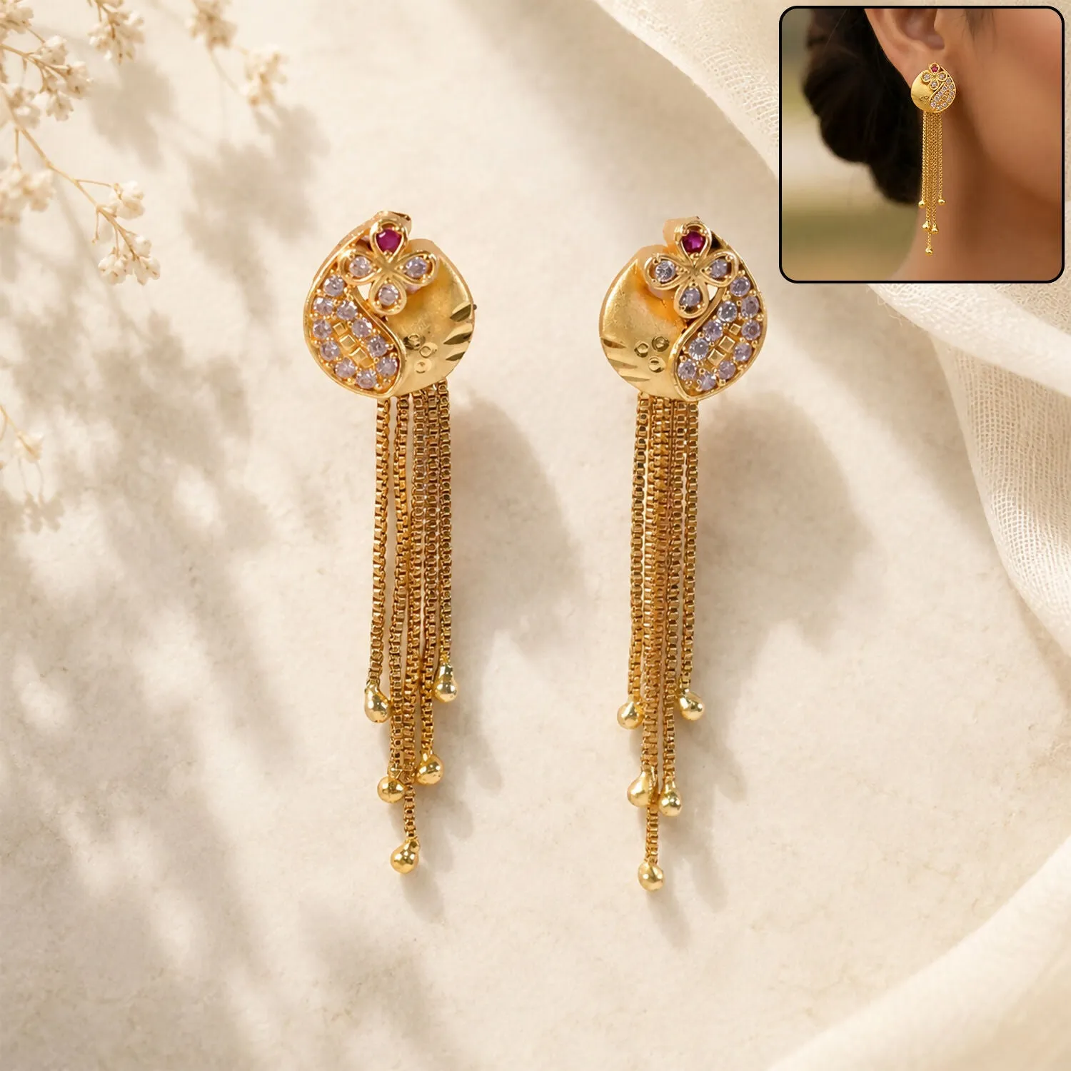 Premium Traditional Gold Tone Dangle Earrings with Circular Floral Paisley Pattern for Women - Buy Online at Alikart