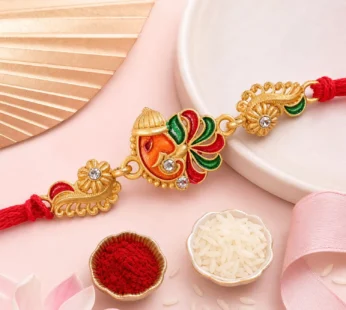 Gold-Toned Lord Ganesha Rakhi with Multicolor Enamel, Crystal Accents & Designer Red Thread
