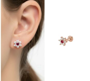 Rose Gold Ruby Diamond Flower Flat Back Stud Earring