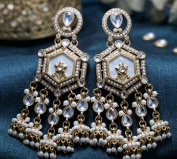 Royal White Enamel and Polki Stone Jhumka Statement Earrings