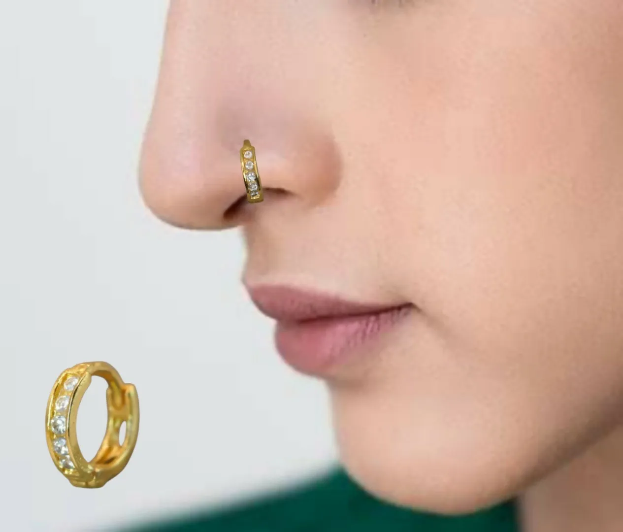 Gold Plated Crystal Huggie Hoop nosepin with AD for women and girls Combo Pack of 2 - Detailed Feature View 2