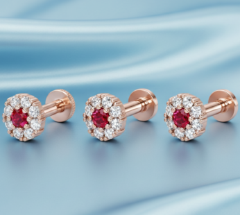 Ruby & Diamond Halo Flat Back Earring in Rose Gold Combo Pack of 3 PCS