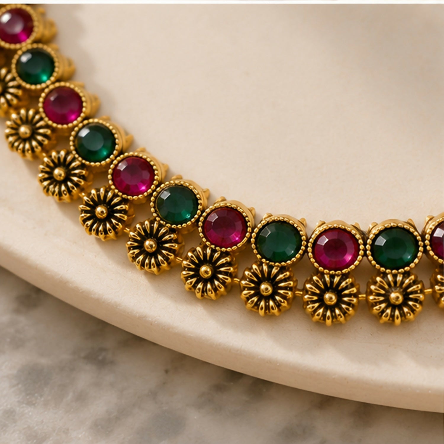 Ruby Green Stone Floral Choker Necklace with Pearl Jhumka Earrings for Women - Detailed Feature View 4