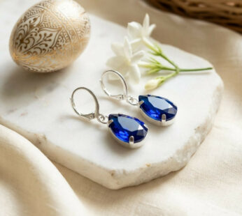 Sapphire Blue Teardrop Crystal Dangle Earrings with Silver Tone Leverback Hooks