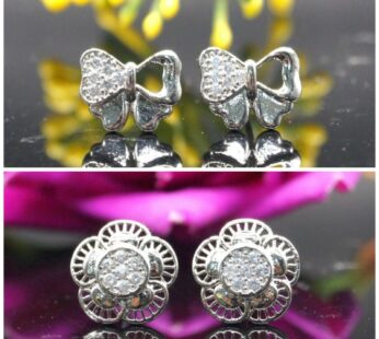 Silver Plated Bow & Flower Cubic Zirconia Stud Earrings Set – Elegant Sparkle
