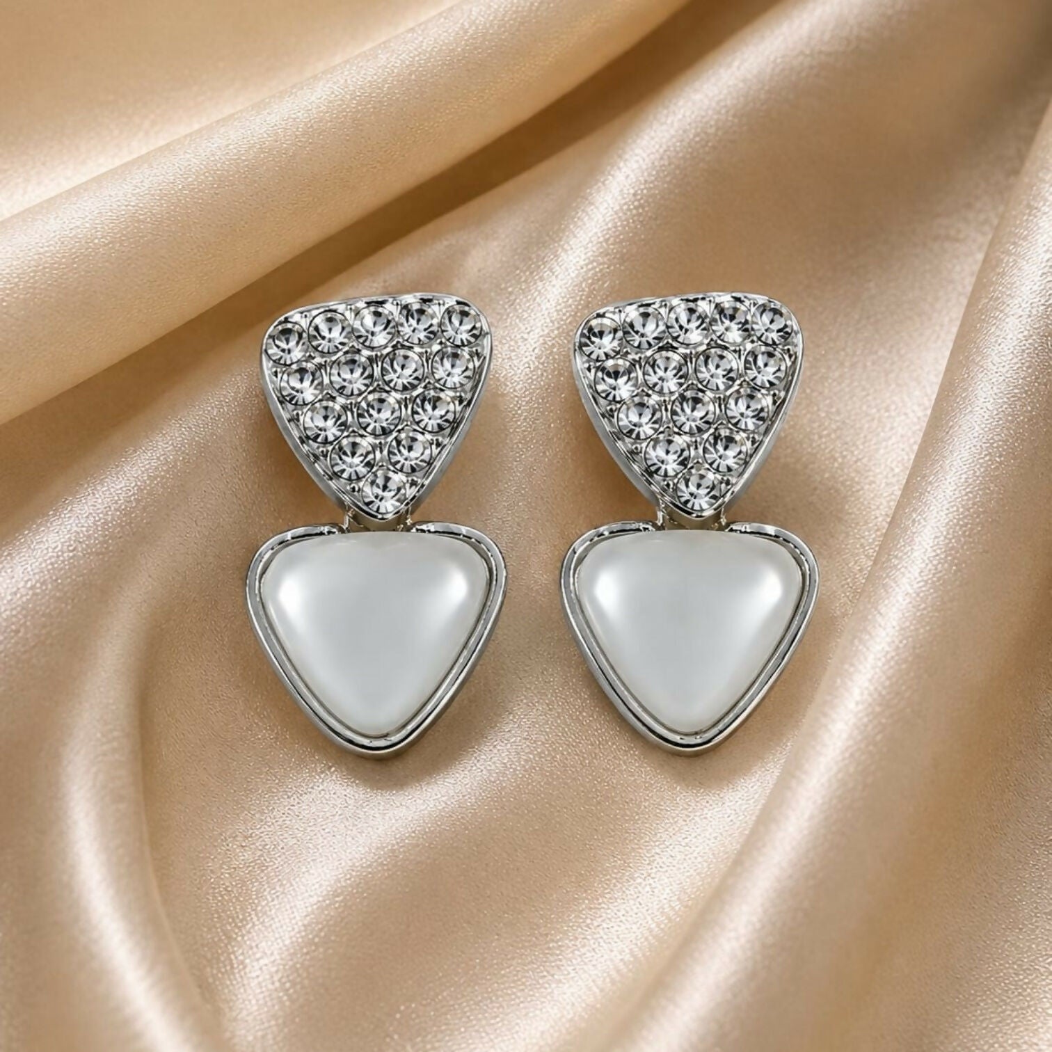 Silver Tone Heart Shape Pearl Drop Earrings with Crystal Studs for Women & Girls
