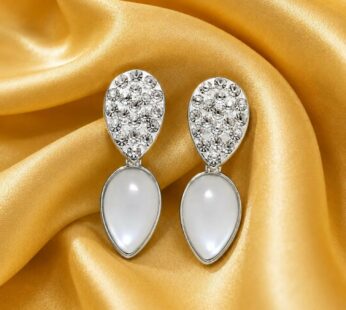 Silver Tone Teardrop Pearl Drop Earrings with Crystal Studs for Women & Girls Fashion