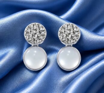 Silver Tone White Pearl Crystal Drop Earrings with Elegant Double Round Stud Design