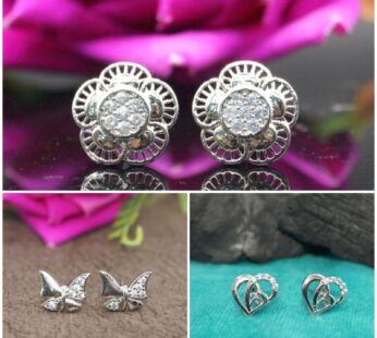 Silver Zircon Stud Earrings Set – 3-Pair Flower, Butterfly & Heart