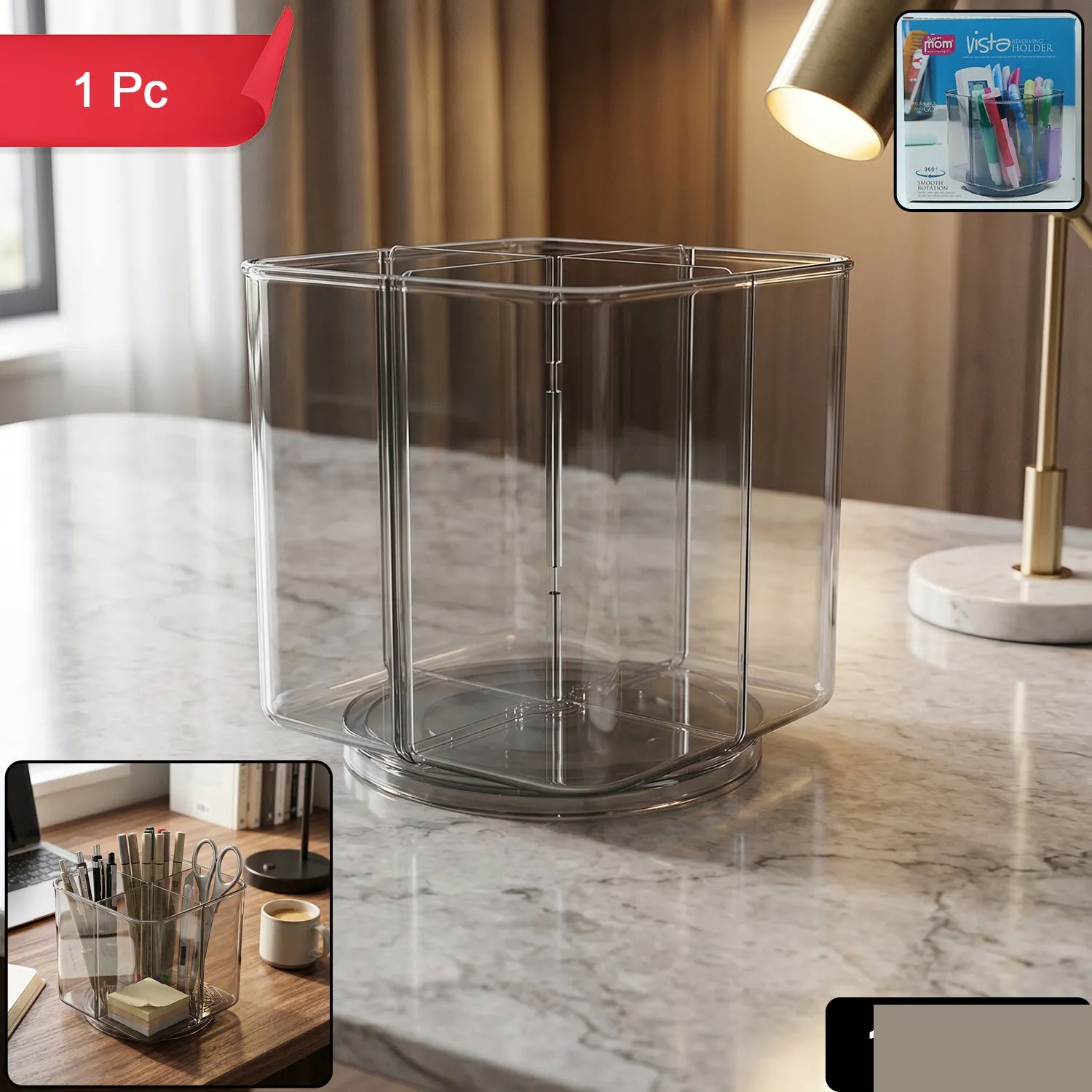 Premium Desk Organizer – 360° Rotating Acrylic Pen Stand for Workspace - Buy Online at Alikart