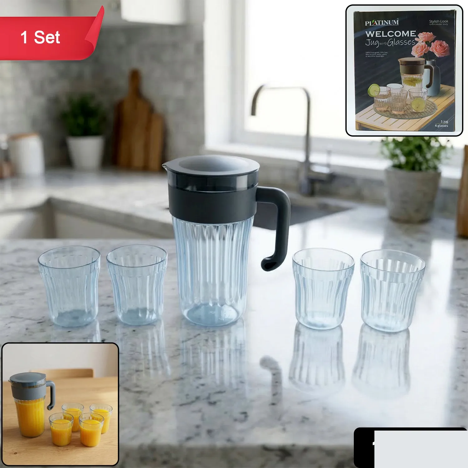 Plastic Water Jug with 4 Glasses Set – Perfect for Home Use - Detailed Feature View 1