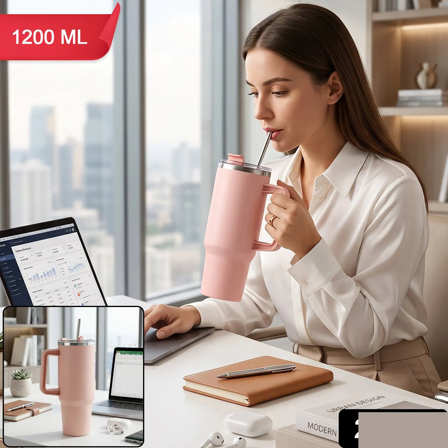 Konvex Hydra Insulated Travel Tumbler 1200 ML with Handle Straw Pink (1 Pc) - Detailed Feature View 1