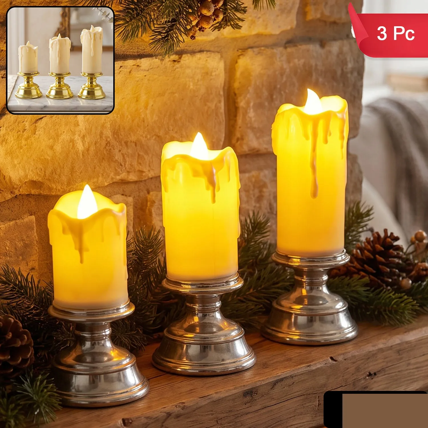 Plastic Flameless LED Candle Set with Pedestal Stand for Decoration (3 Pc) - Detailed Feature View 1