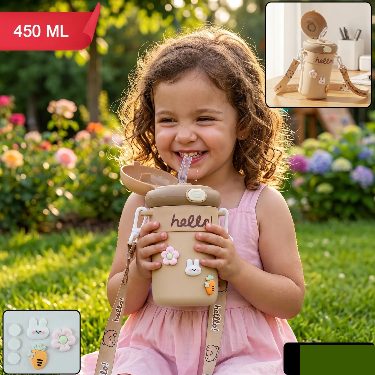 Kids Sipper Water Bottle 450 ml with Bouncing Straw and Carry Strap (1 Pc) - Detailed Feature View 1