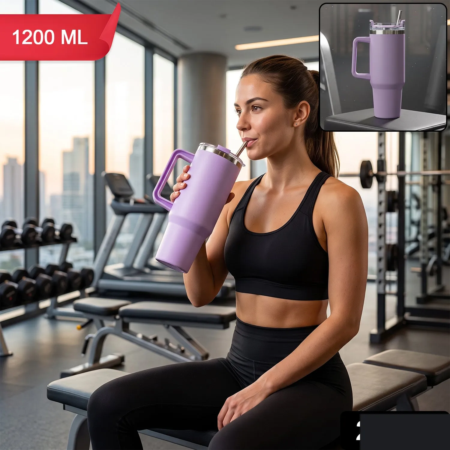 Konvex Hydra Insulated Travel Tumbler 1200 ML with Handle Straw Purple (1 Pc) - Detailed Feature View 1