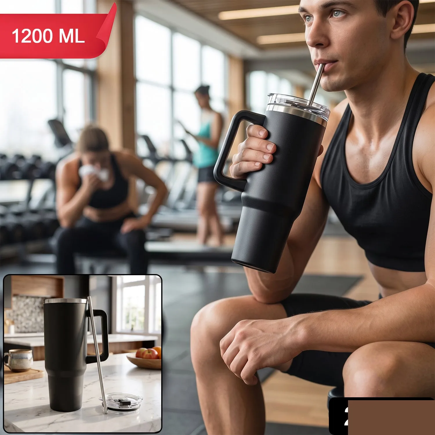 Konvex Hydra Insulated Travel Tumbler 1200 ML with Handle Straw Black (1 Pc) - Detailed Feature View 1