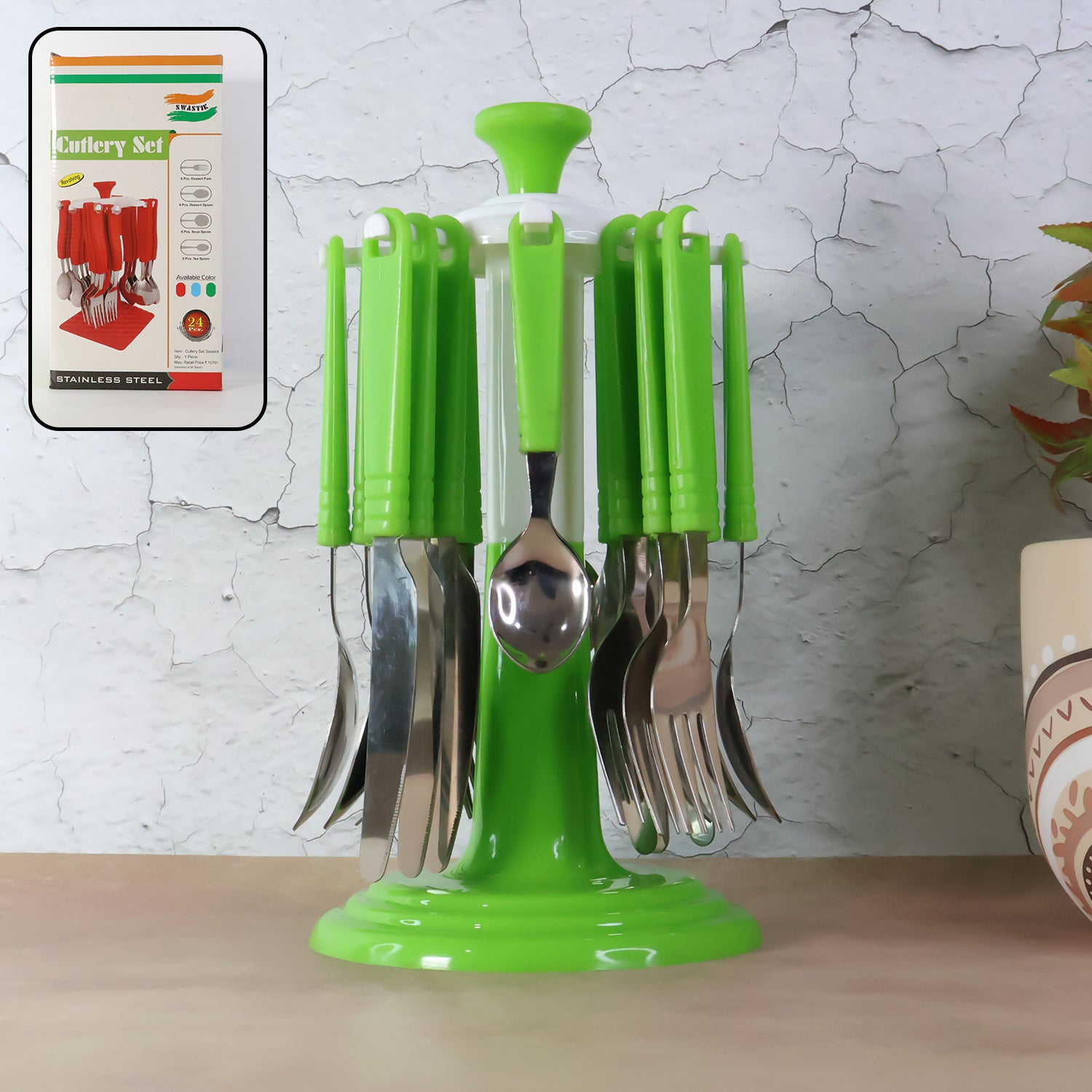 Stainless Steel Cutlery Set – 24 Pieces with Rotating Stand