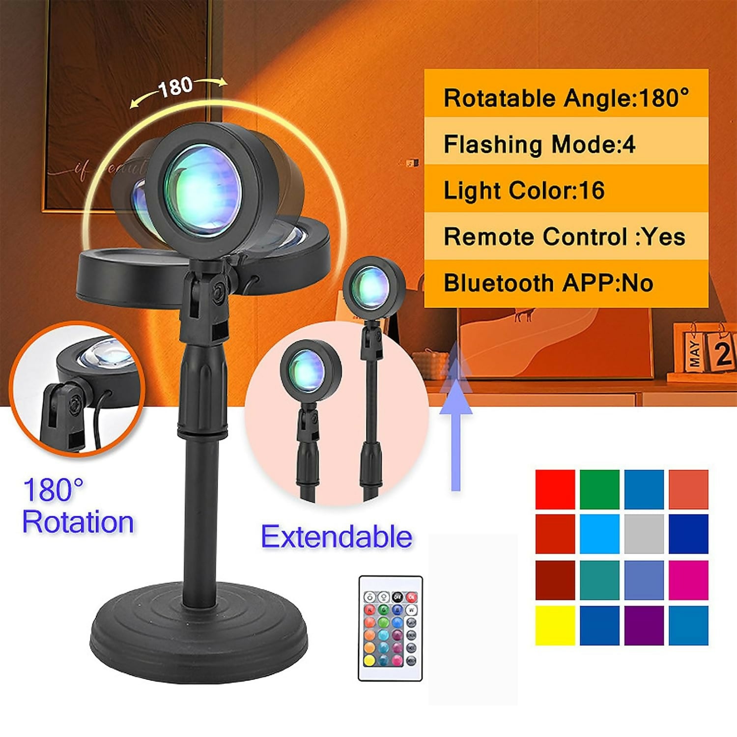 Sunset Lamp 16 Color RGB Projection Light with Remote & Adjustable Stand - Detailed Feature View 3