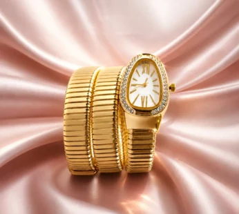 Golden Oval Snake Style Bracelet Watch with Crystal Border Dial for Women