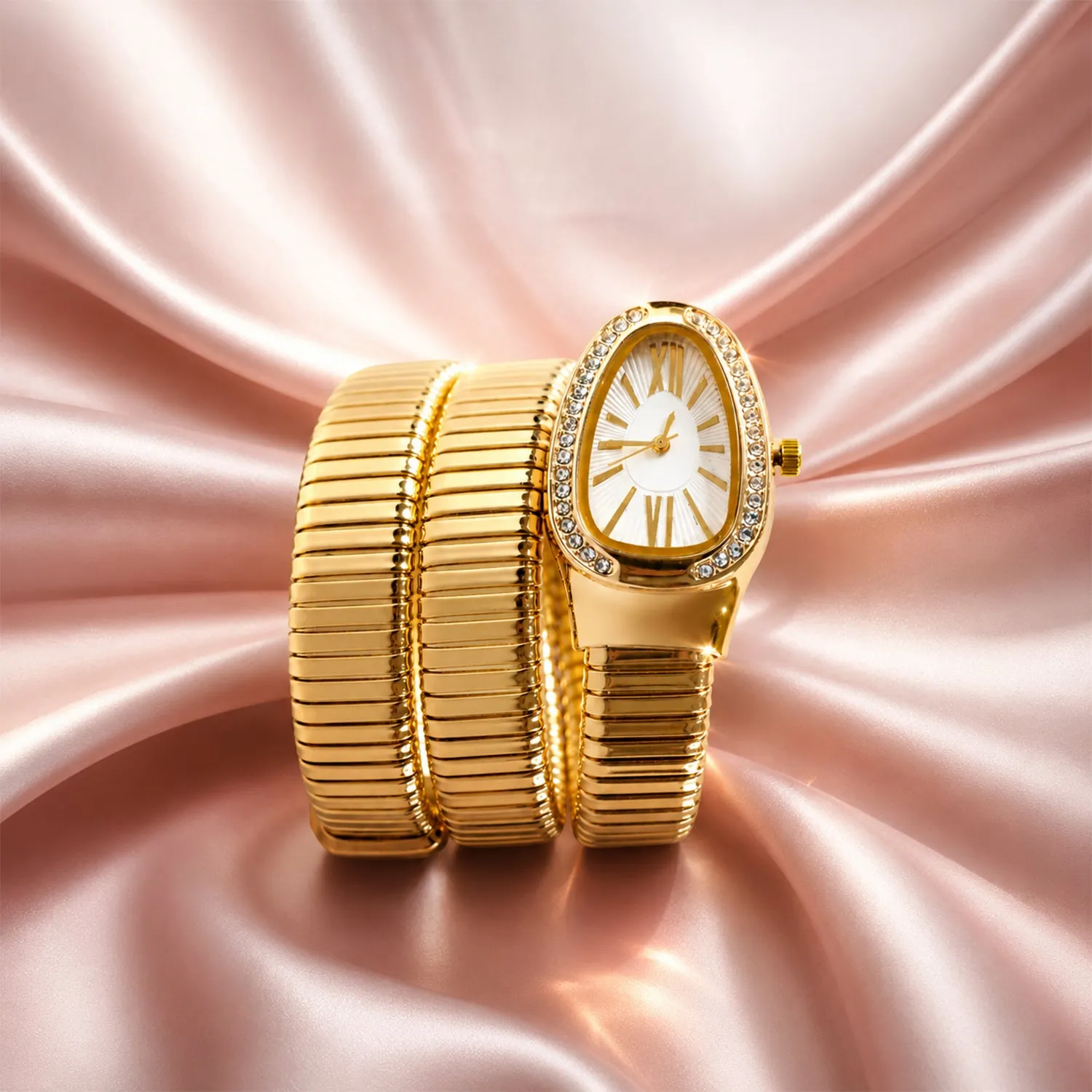 Premium Golden Oval Snake Style Bracelet Watch with Crystal Border Dial for Women - Buy Online at Alikart