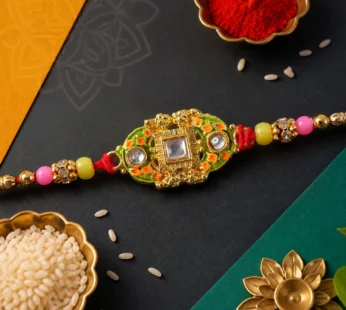 Green Designer Rakhi for Brother with Golden Pendant & Premium Stone Detailing