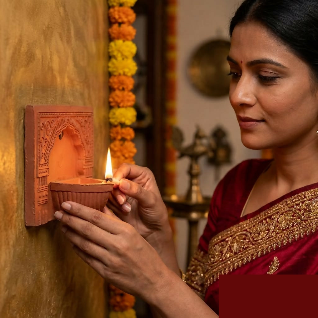 Terracotta Wall Mounted Diya Holder Decorative Temple Lamp for Pooja & Home Decor - Detailed Feature View 1