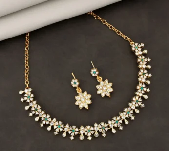 Emerald Green Floral Choker Necklace Set – Gold-Plated Sparkle