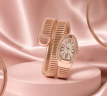 Rose Gold Snake Chain Bracelet Watch with Oval Dial Crystal Border for Women