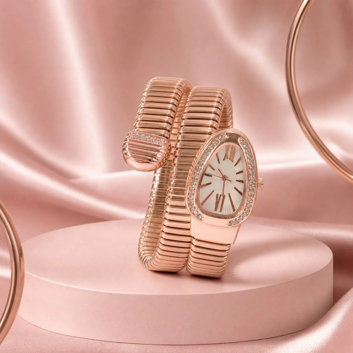 Premium Rose Gold Snake Chain Bracelet Watch with Oval Dial Crystal Border for Women - Buy Online at Alikart