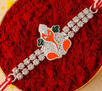 Silver-Toned Bal Ganesha Rakhi with Orange-Green Enamel, Double Crystal Chain & Red-White Thread