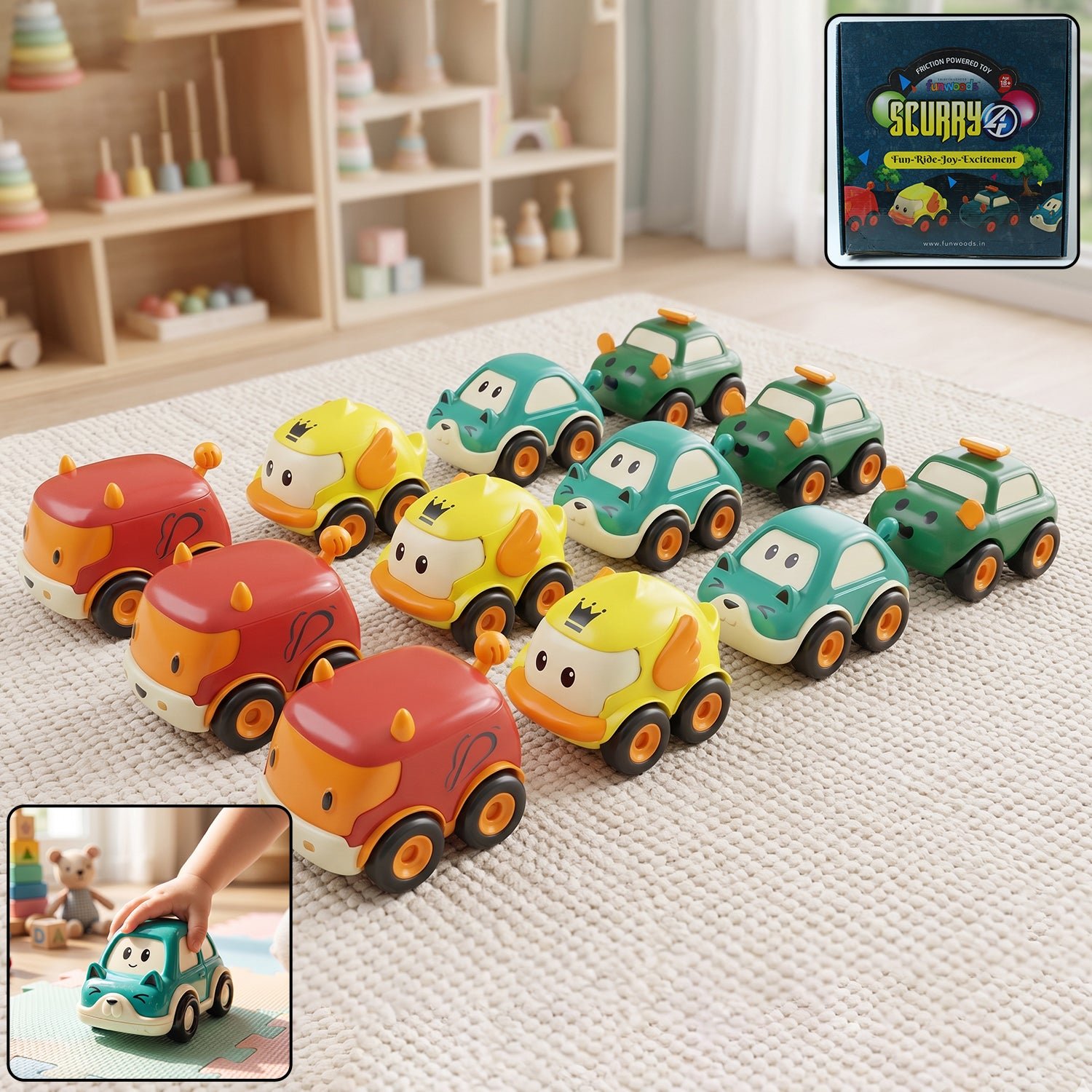 Toddler Toy Cars Set – 12-Piece Colorful Pull Back Vehicles - Detailed Feature View 1