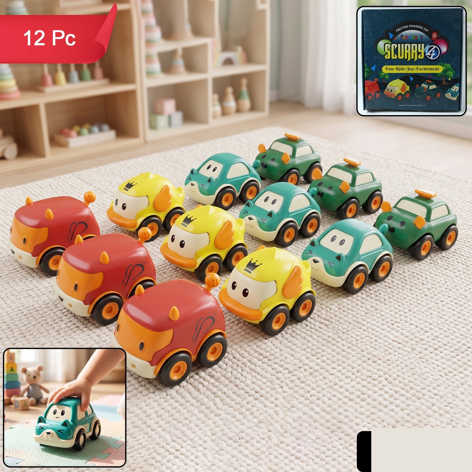 Toddler Toy Cars Set – 12-Piece Colorful Pull Back Vehicles - Detailed Feature View 2