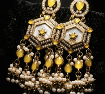 Traditional Gold-Plated Yellow Stone & Pearl Drop Hexagon Jhumka Earrings
