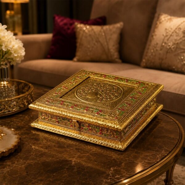 Traditional Gold Tone Peacock Design With Storage Compartments