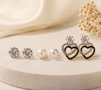 Trendy 3-Pair Earrings Set with Crystal, Pearl & Double Heart Drop Stud Design