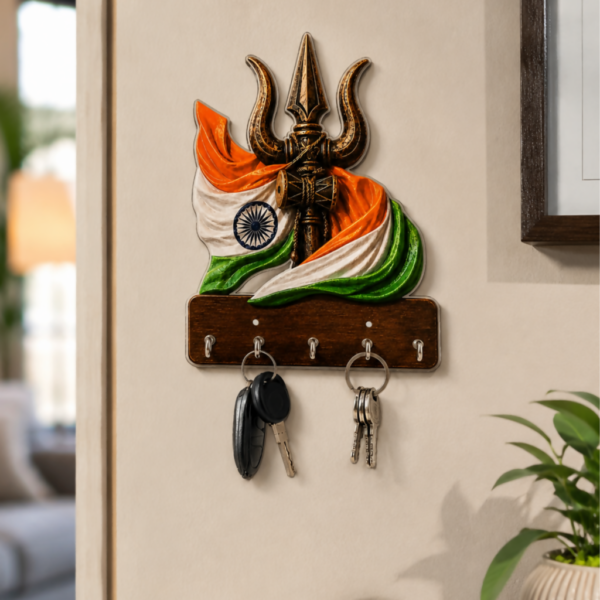 Trishul Design Wooden Key Holder – Elegant Wall Organizer with 5 Hooks