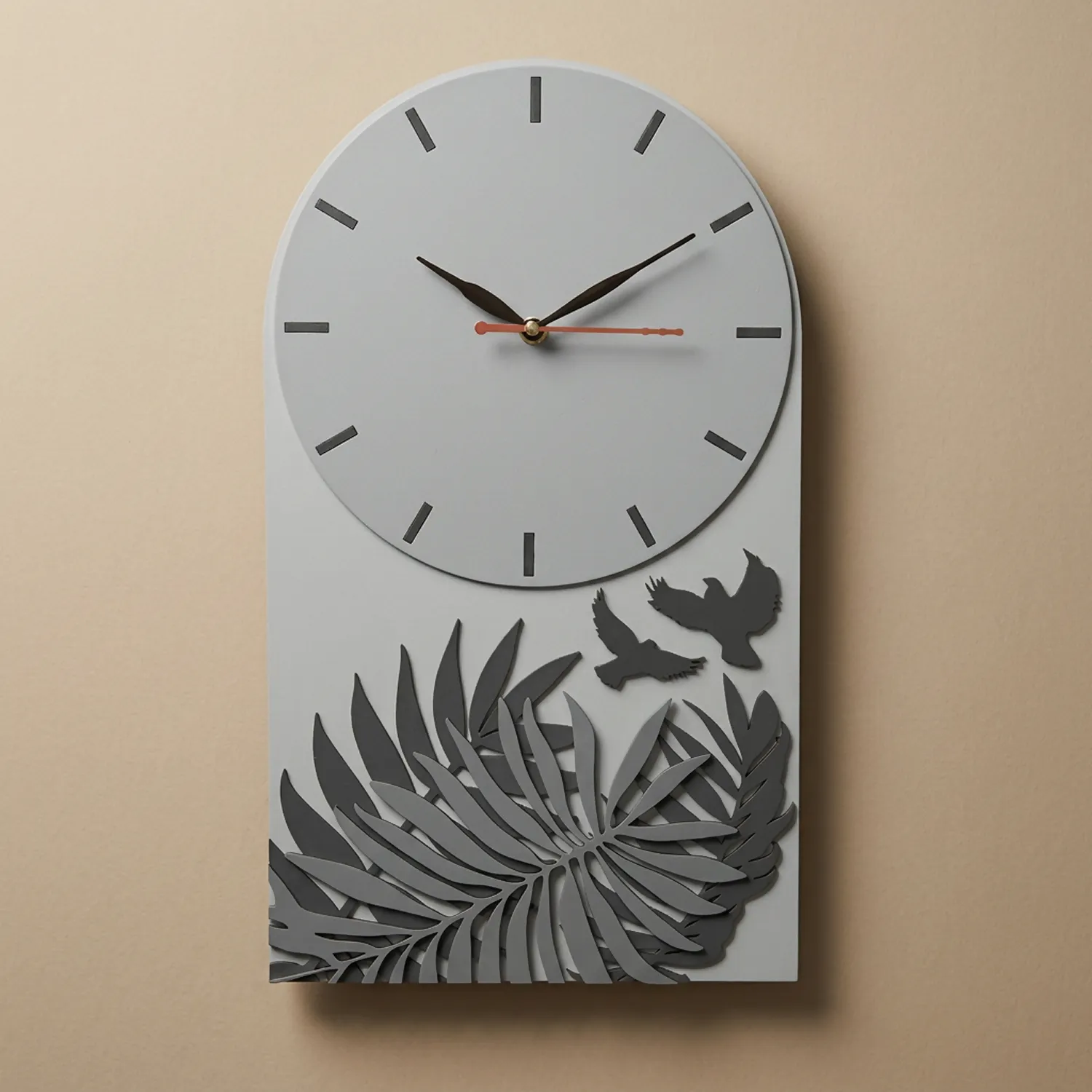 Premium Grey Botanical Designer Silent Wall Clock | Minimalist Decorative Wooden Clock for Living Room, Bedroom & Office - Detailed Feature View 5