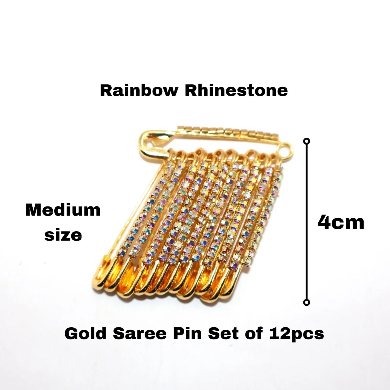Premium Rainbow Rhinestone Saree Pin Set – 12pcs Medium Gold Brooches - Buy Online at Alikart