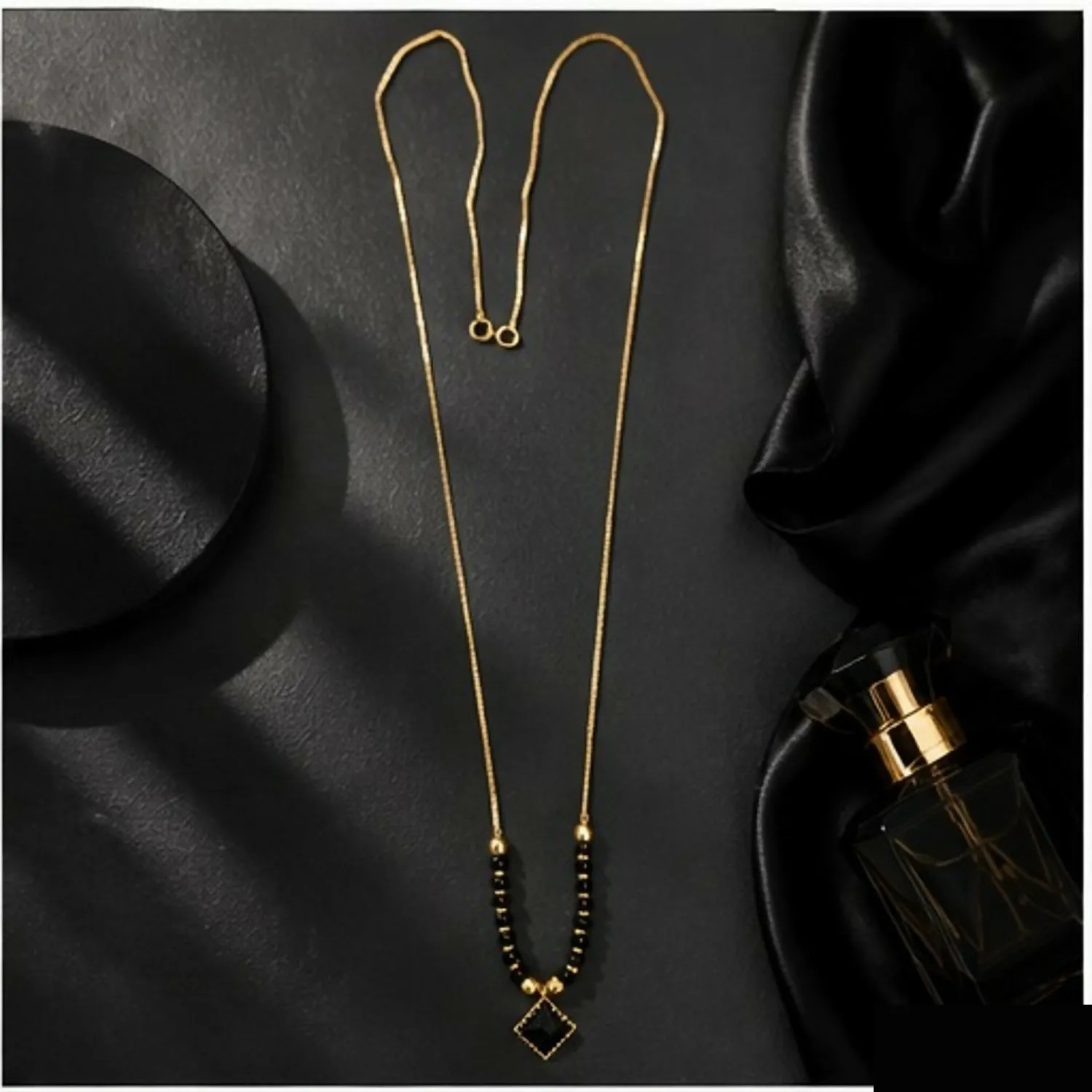 Premium Gold Plated Black Beads Mangalsutra Necklace – Square Stone Pendant Chain for Women - Buy Online at Alikart