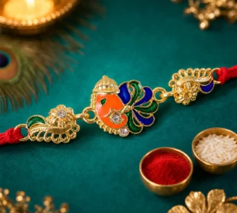 Gold-Toned Lord Ganesha Rakhi with Peacock Feather Enamel, Crystal Accents & Designer Red Thread