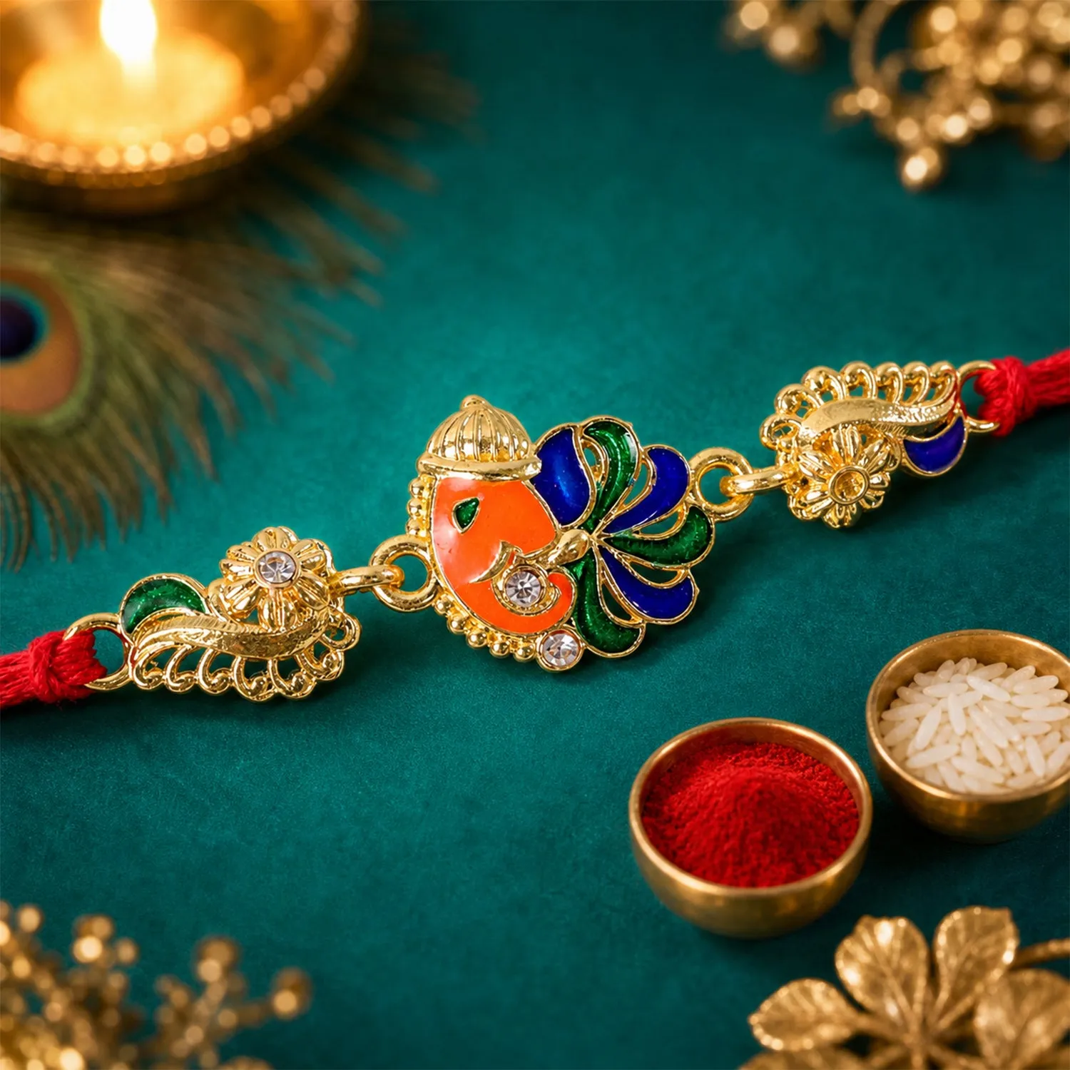 Premium Gold-Toned Lord Ganesha Rakhi with Peacock Feather Enamel, Crystal Accents & Designer Red Thread - Buy Online at Alikart