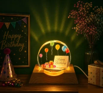 Happy Birthday 3D Acrylic LED Night Lamp with Wooden Base, USB Powered