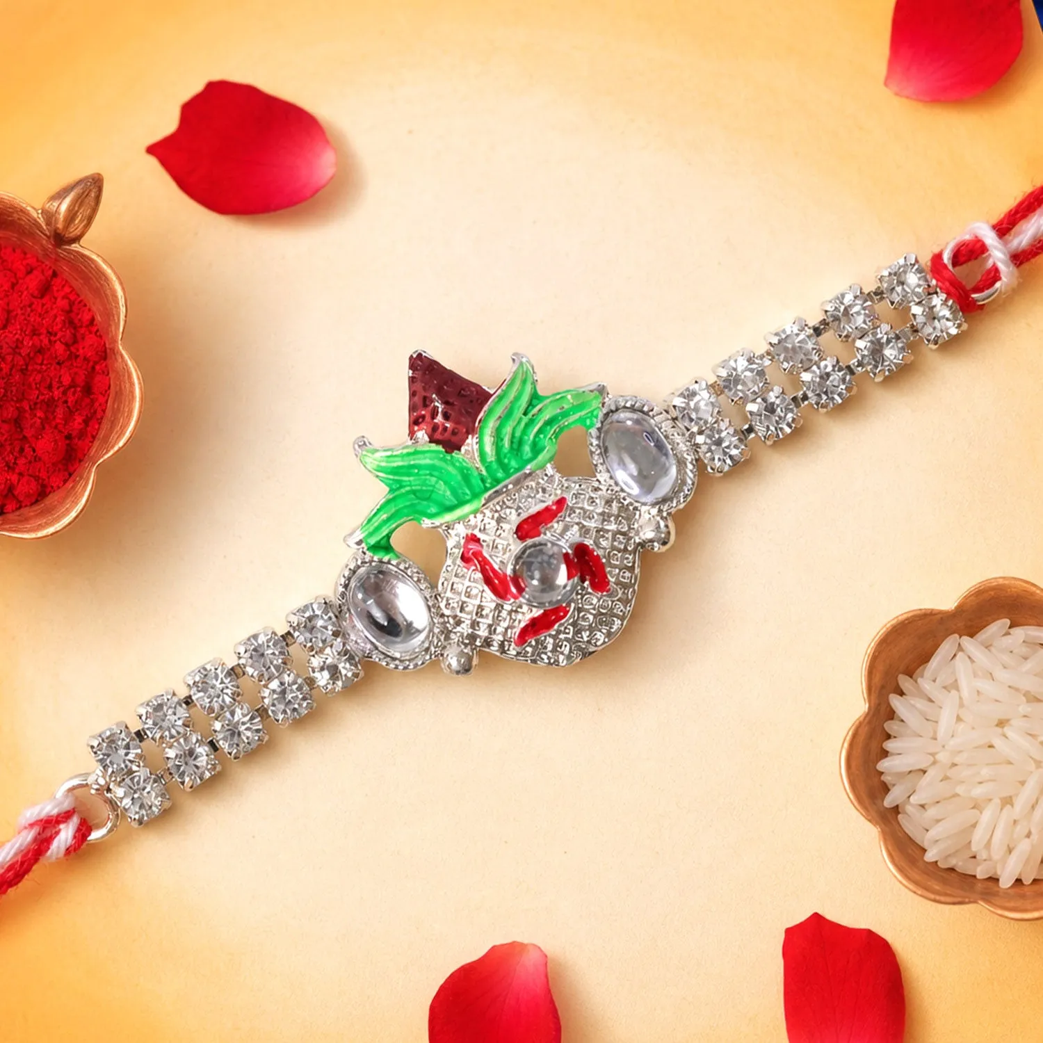 Ornate Rakhi with Leaf Floral Charm, multicolor stones and chain look for Festive Use - Detailed Feature View 2